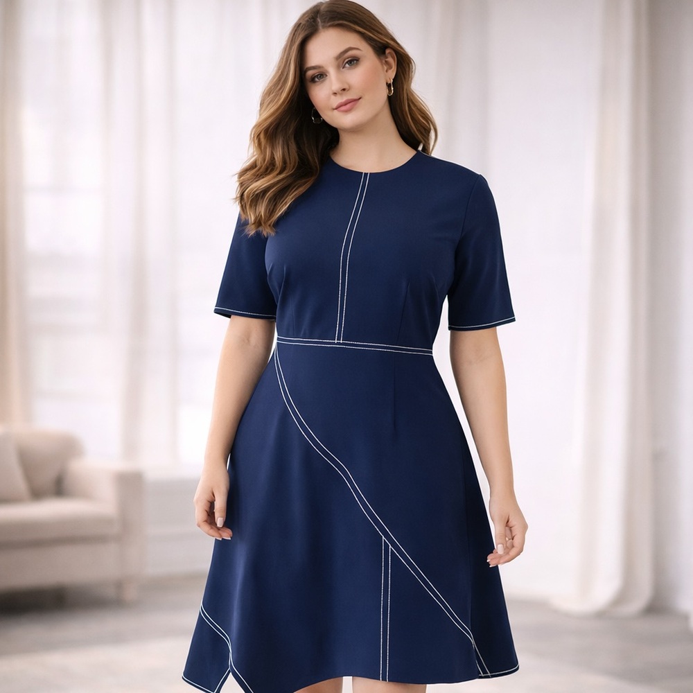 Vince Camuto Navy Asymmetrical Contrast Stitch Fit & Flare‎ Midi Dress